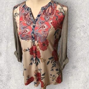 One World multi colored/patterned tunic with yoke, med